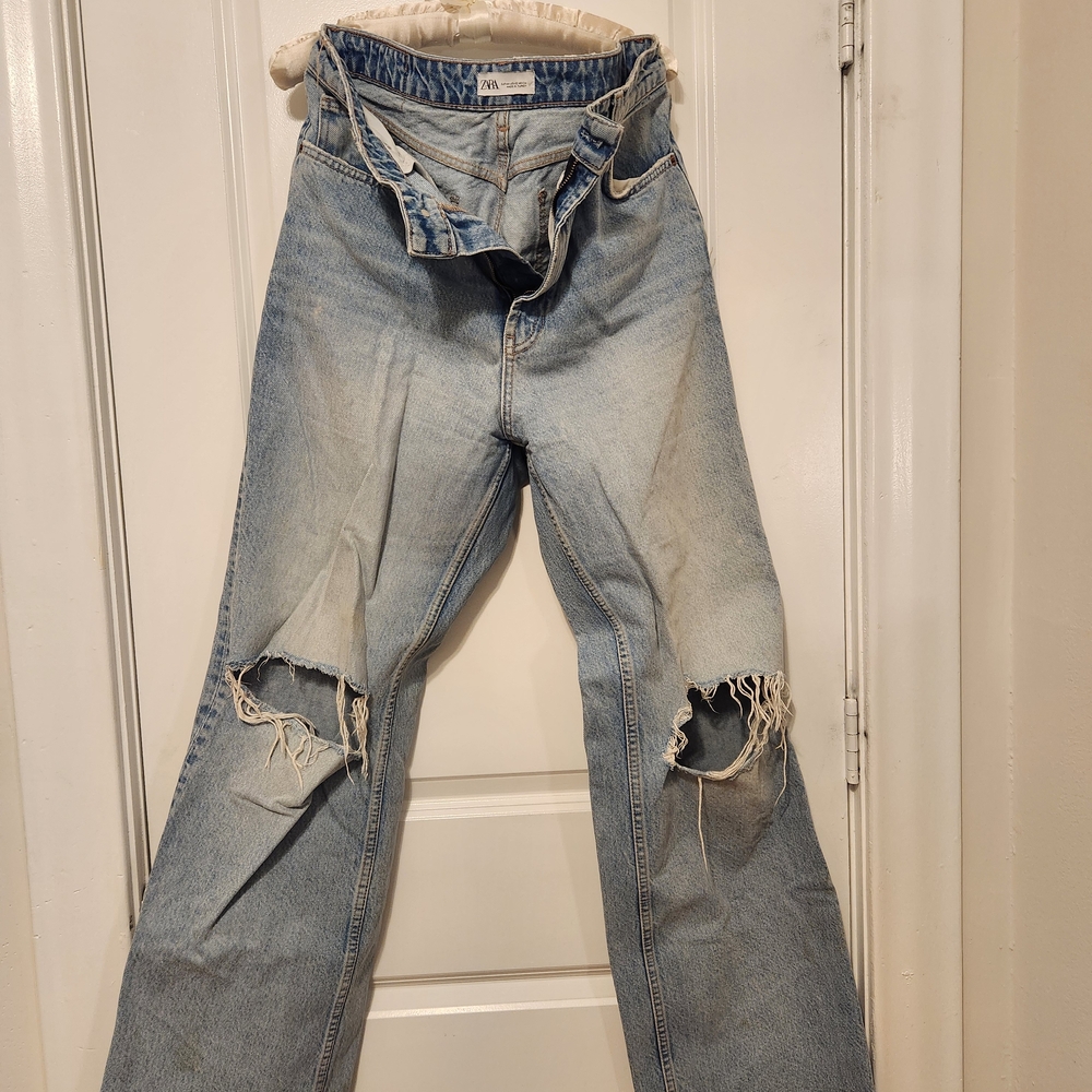 Zara Light Blue Distressed Flare Jeans